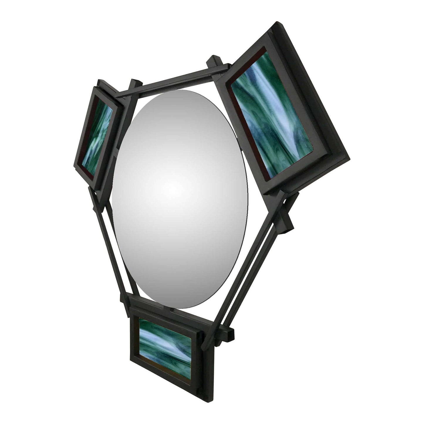 HEXAGON FLOATING MIRROR WITH GREEN AND WHITE STAINED GLASS