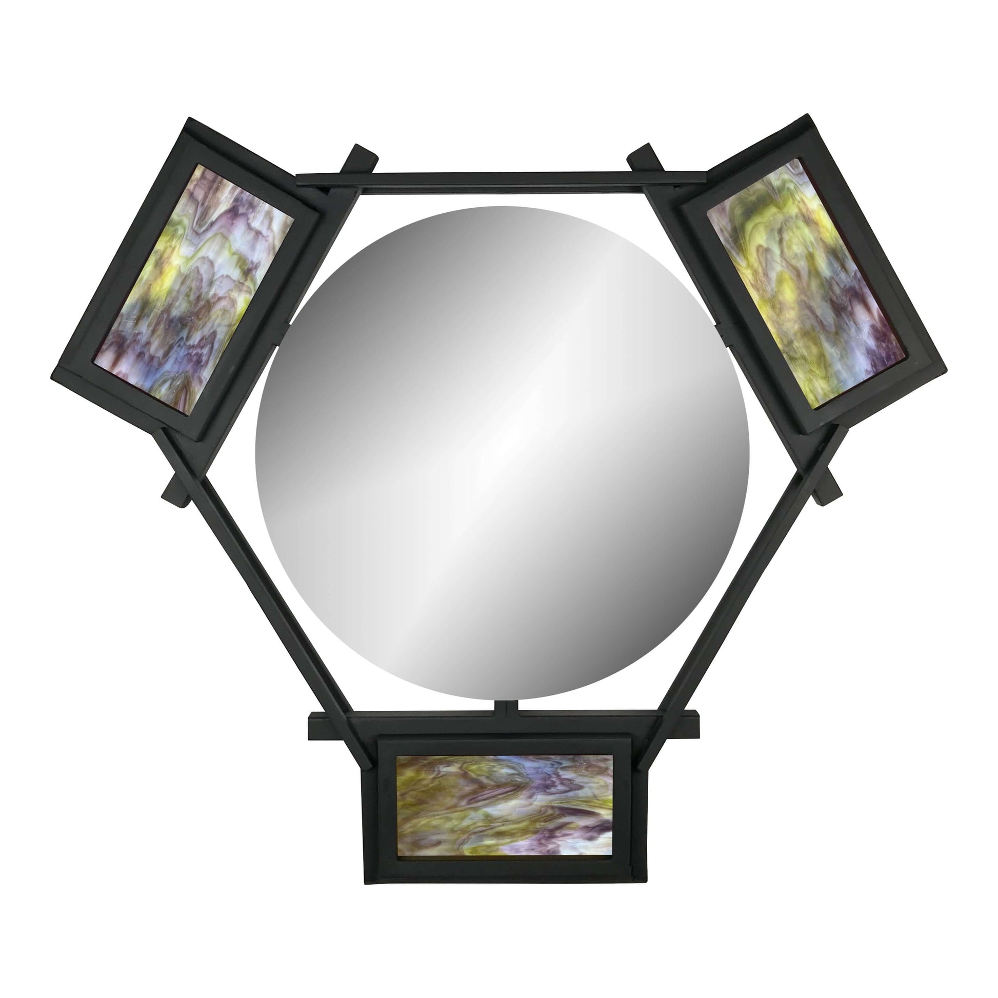 HEXAGON FLOATING MIRROR WITH GREEN AND VIOLET STAINED GLASS