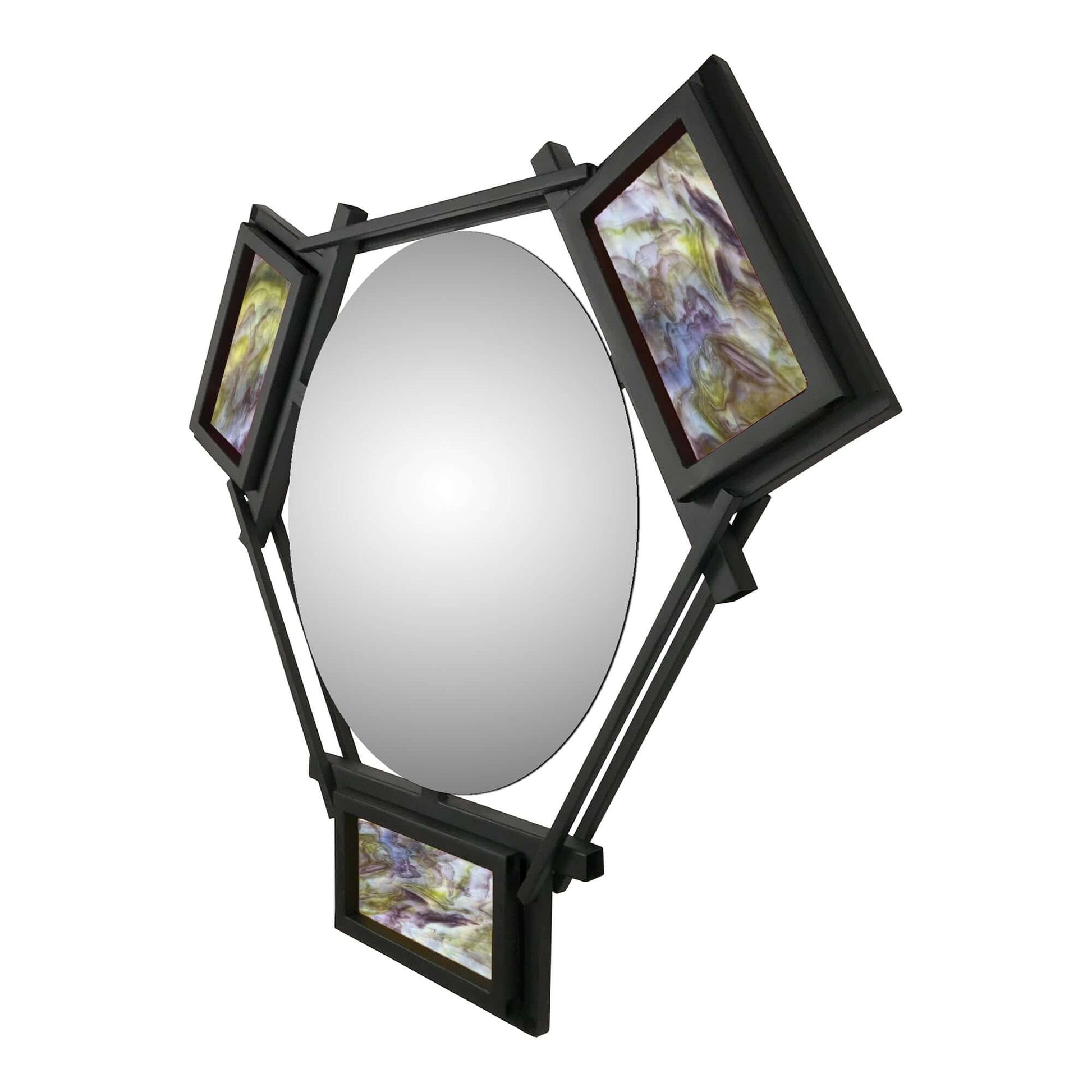 HEXAGON FLOATING MIRROR WITH GREEN AND VIOLET STAINED GLASS