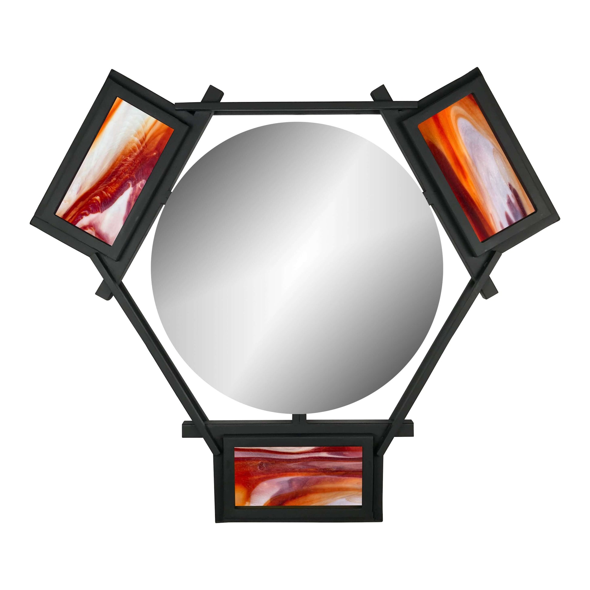 HEXAGON FLOATING MIRROR WITH RED AND ORANGE STAINED GLASS