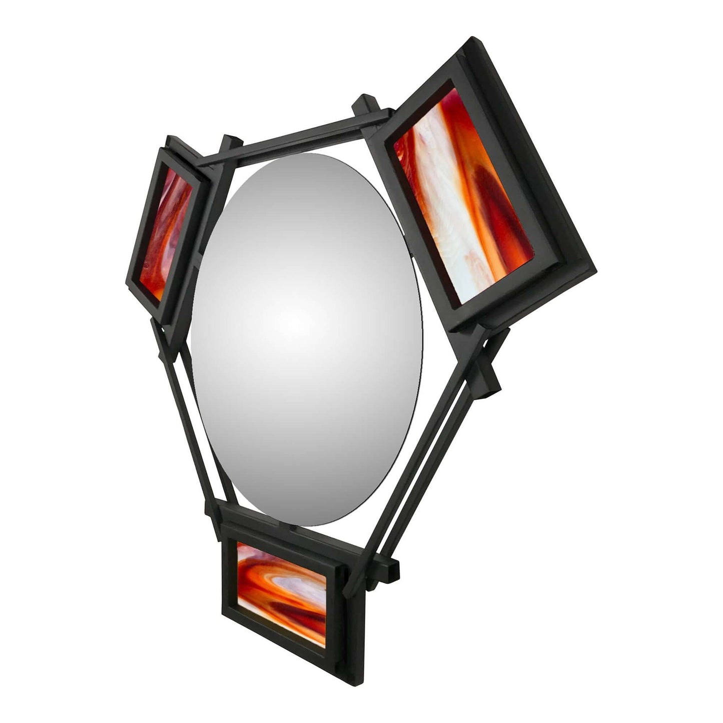 HEXAGON FLOATING MIRROR WITH RED AND ORANGE STAINED GLASS