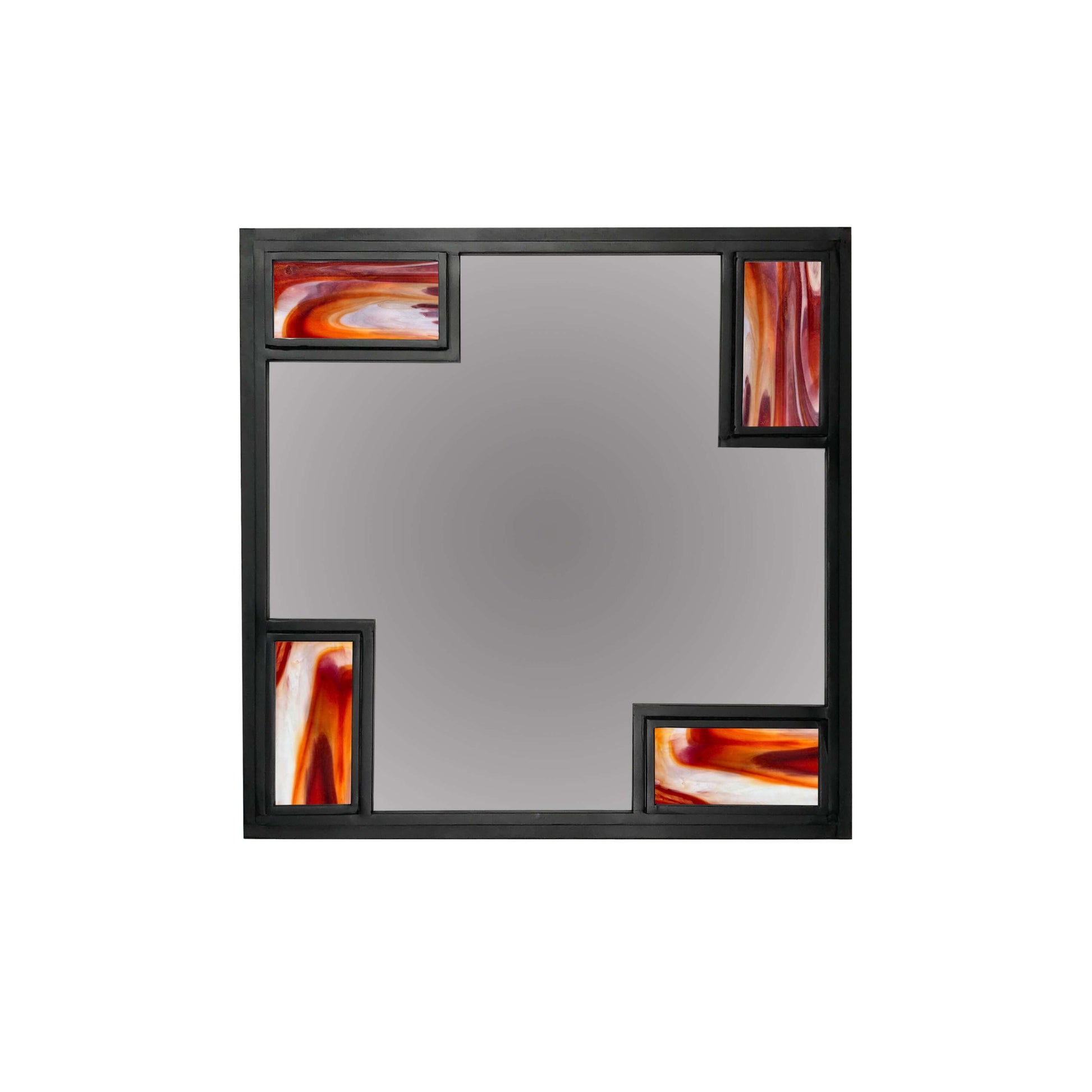 CONTEMPORARY MIRROR WITH RED AND ORANGE STAINED GLASS