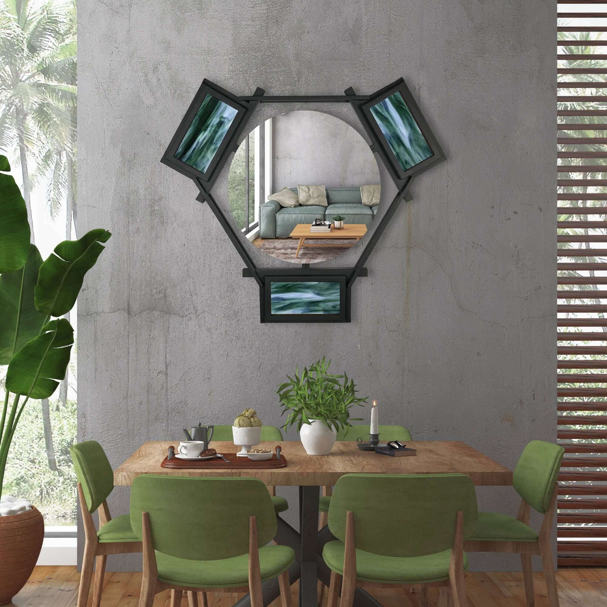 HEXAGON FLOATING MIRROR WITH STAINED GLASS