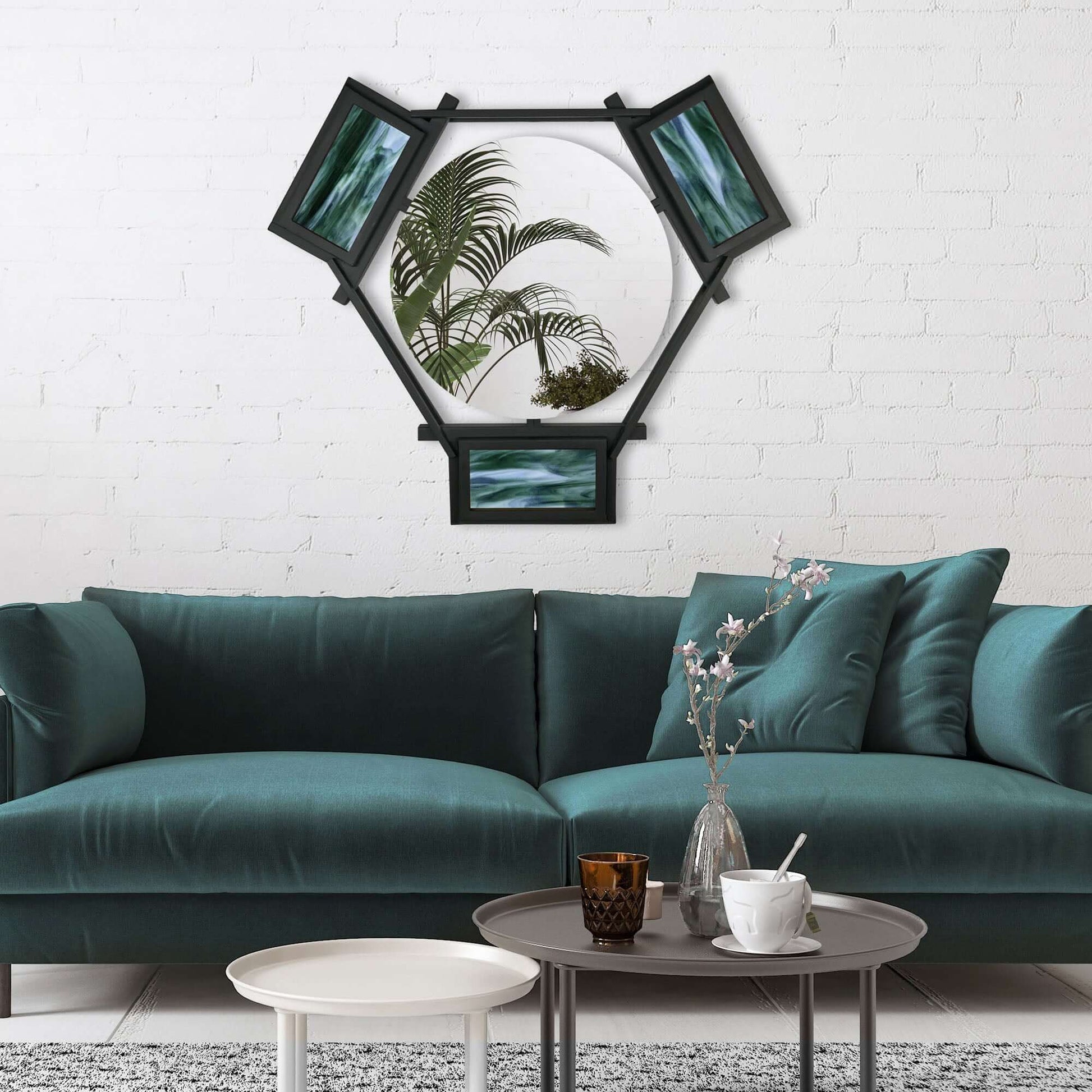 HEXAGON FLOATING MIRROR WITH STAINED GLASS