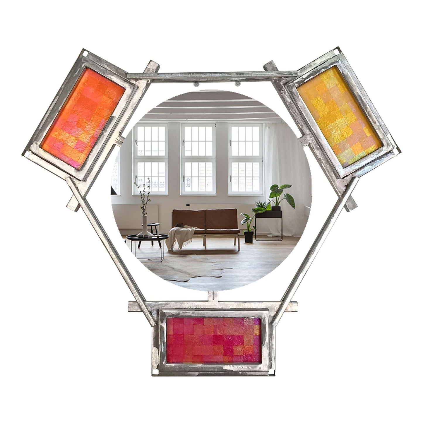 HEXAGON FLOATING MIRROR WITH IRIDESCENT GLASS