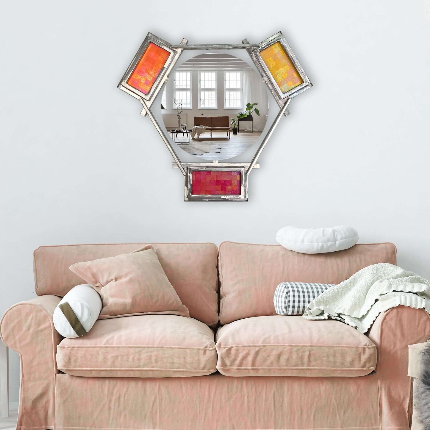 HEXAGON FLOATING MIRROR WITH IRIDESCENT GLASS