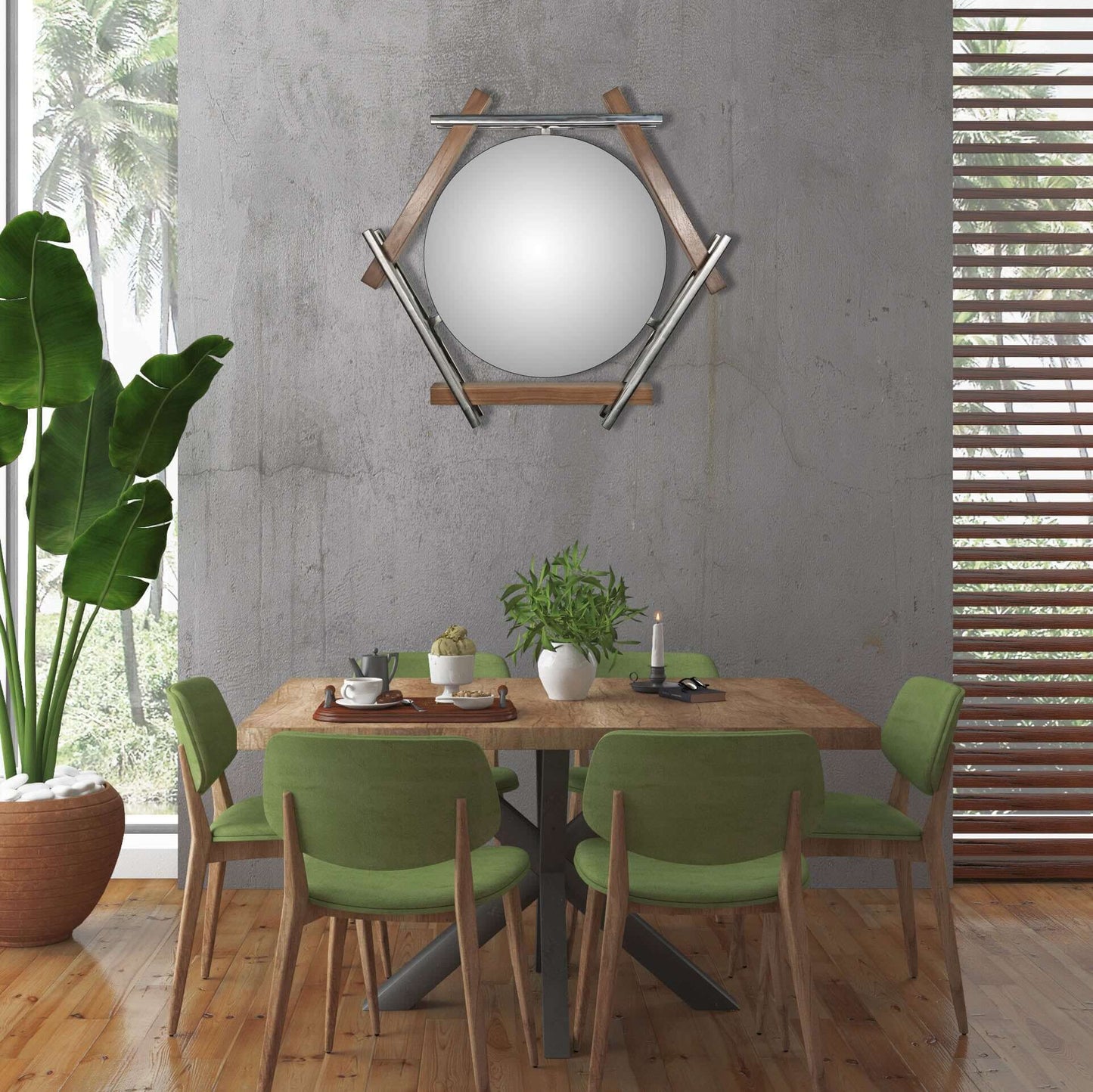 WALNUT AND BRUSHED METAL FLOATING HEXAGON MIRROR