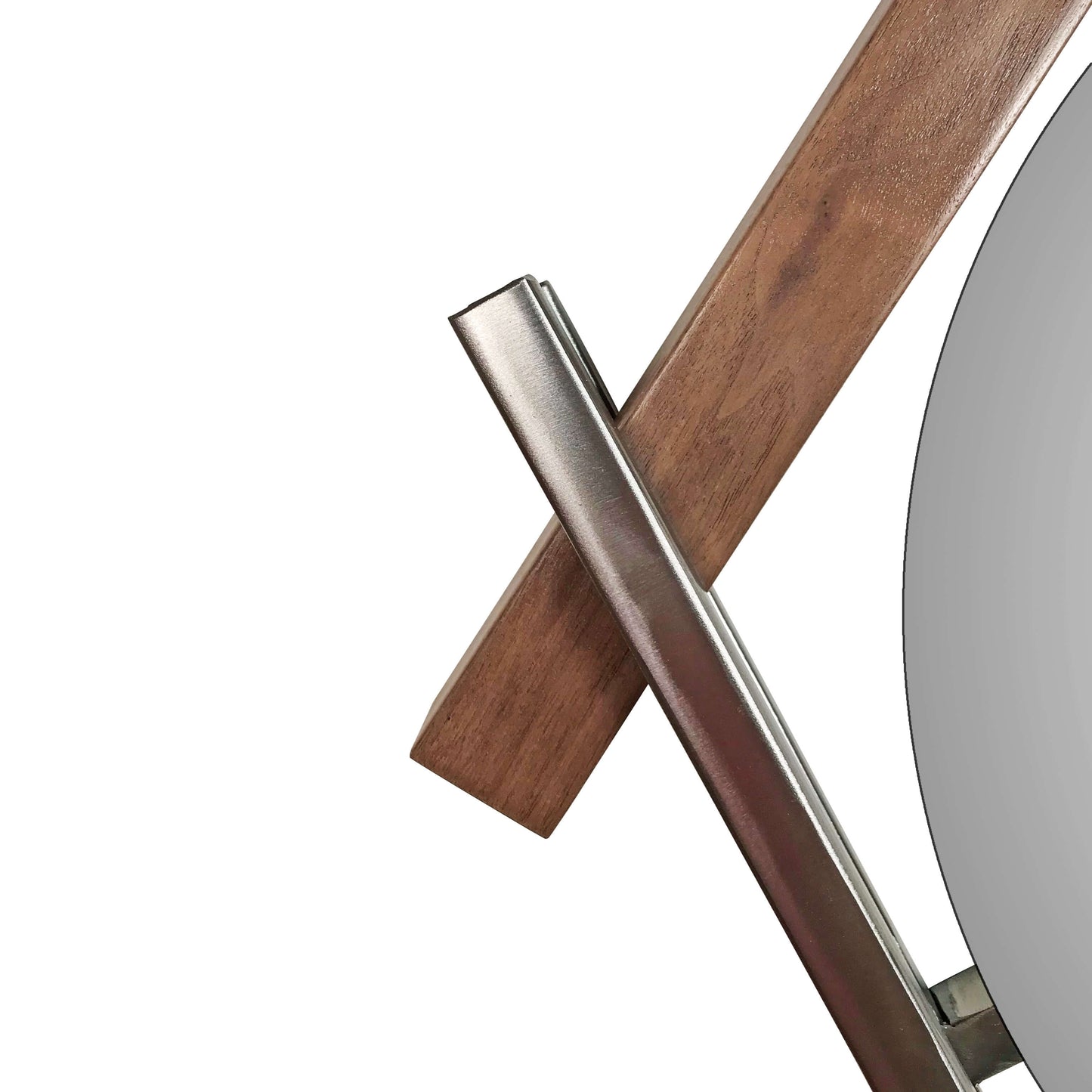 WALNUT AND BRUSHED METAL FLOATING HEXAGON MIRROR CLOSE UP